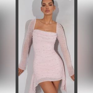 Oh Polly long Sleeve Embellished Cowl Neck Mini Dress in Blush.